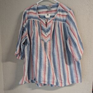 Catherines Striped Blouse 0X Red Blue White Button Sleeve Side Slit Basic Casual